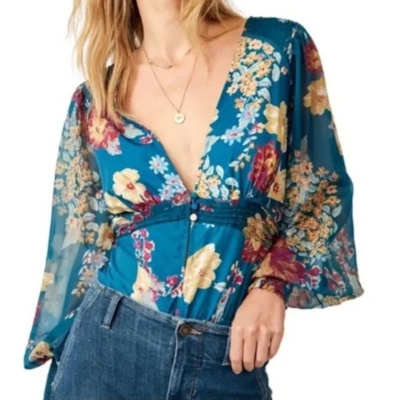 FP Wanderlust Jade Floral Thong Bodysuit W/Balloon Sleeves & Cinched Back - Picture 4 of 14